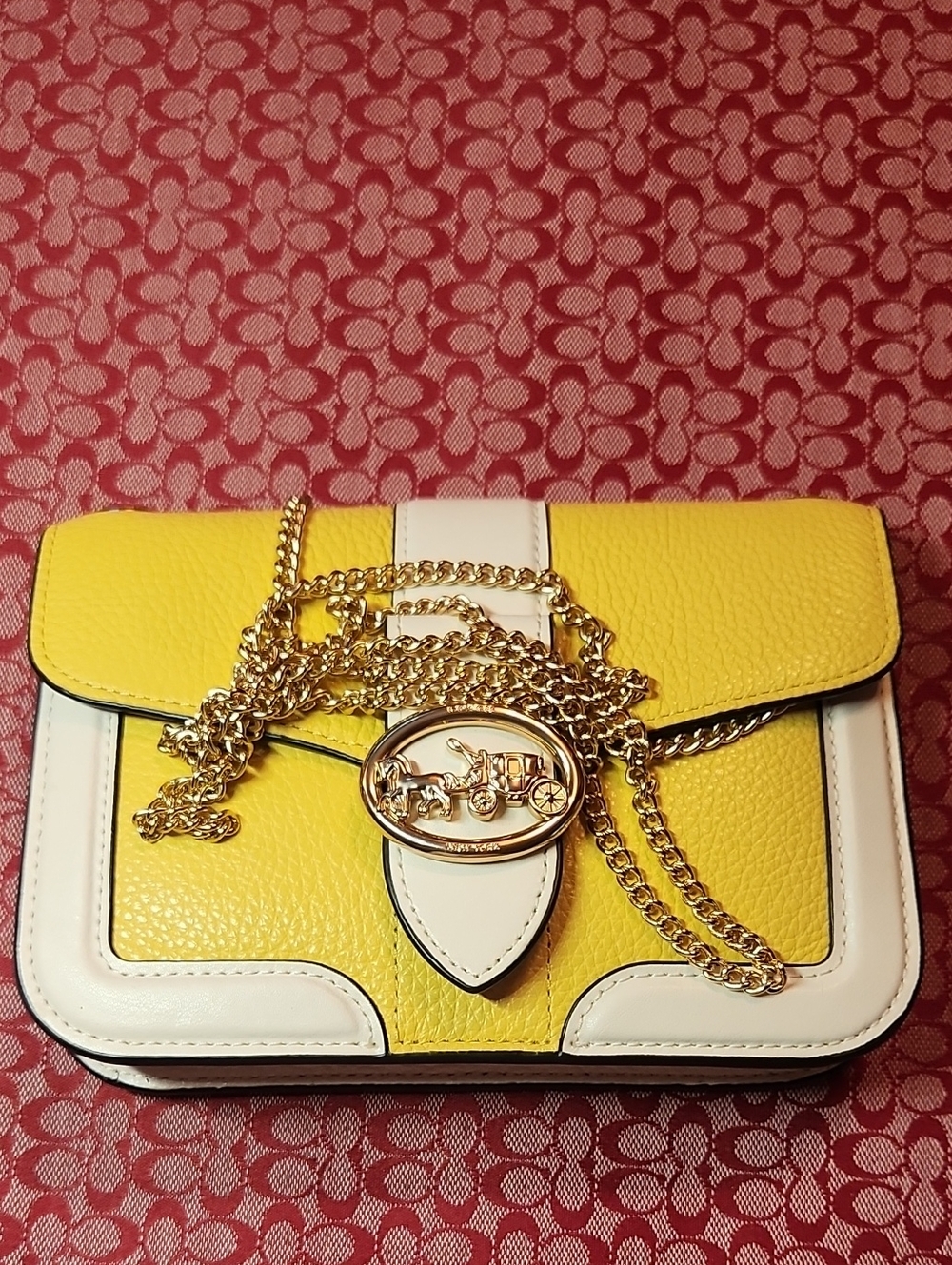 Coach Yellow and White Leather Crossbody with Gold Chain